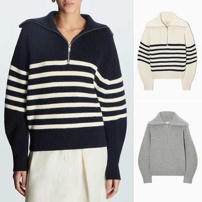 Women's Striped Half-Zip Sweater – Long Sleeves, Casual and Comfortable Style for Fall and Winter