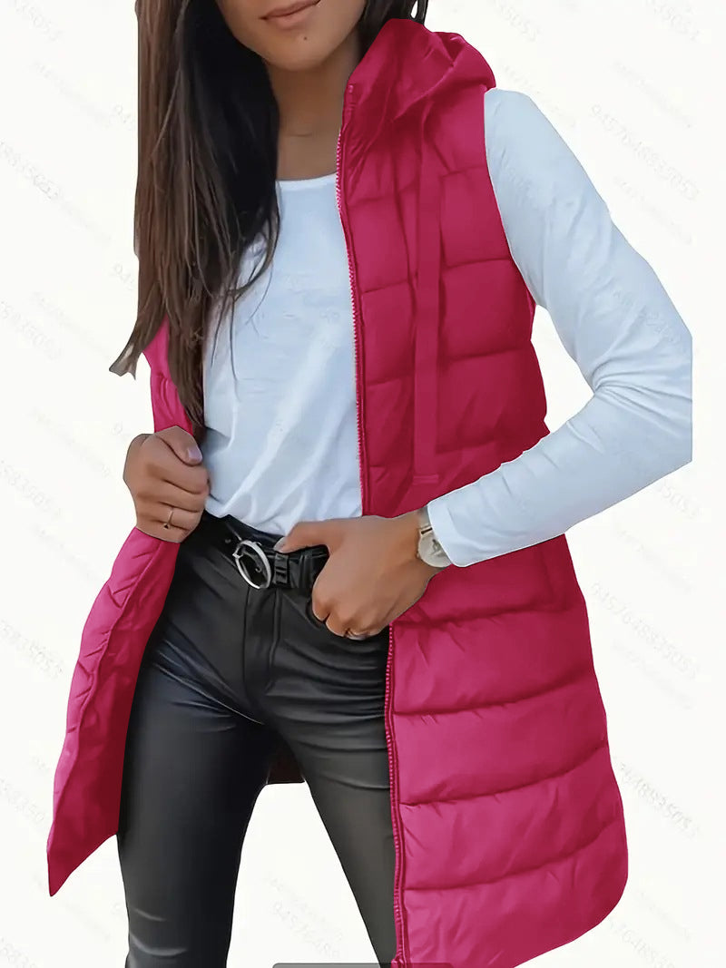 Doudoune longue sans manches femme – Gilet matelassé à capuche léger et chaud