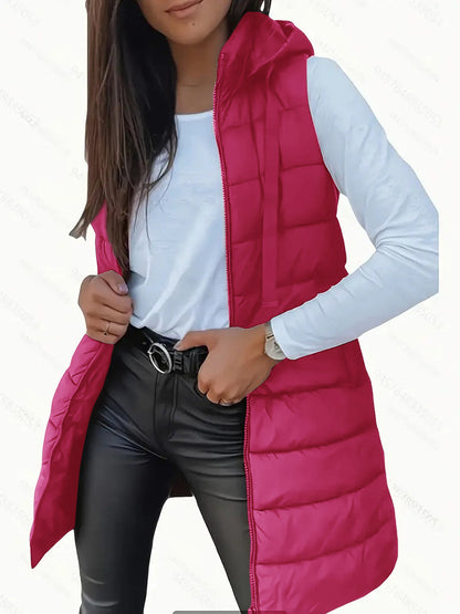 Doudoune longue sans manches femme – Gilet matelassé à capuche léger et chaud