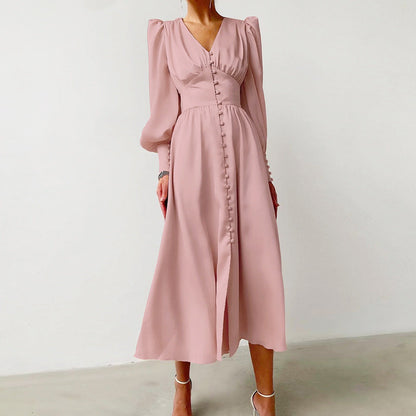 Robe Mi-Longue Élégante en Satin – Manches Bouffantes Boutonnée