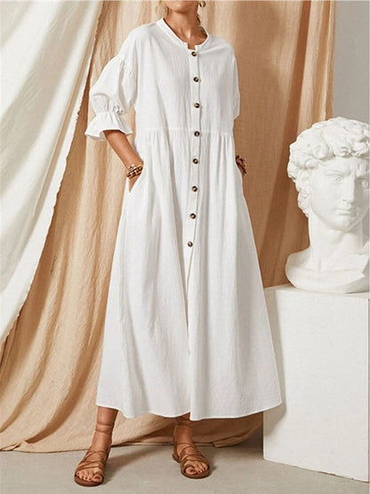 Robe longue en lin pour femme avec patte de boutonnage et manches bouffantes