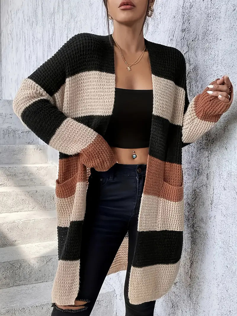 Cardigan à manches longues rayé et ample pour femme – Un style décontracté et confortable, disponible en trois couleurs