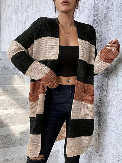 Cardigan à manches longues rayé et ample pour femme – Un style décontracté et confortable, disponible en trois couleurs
