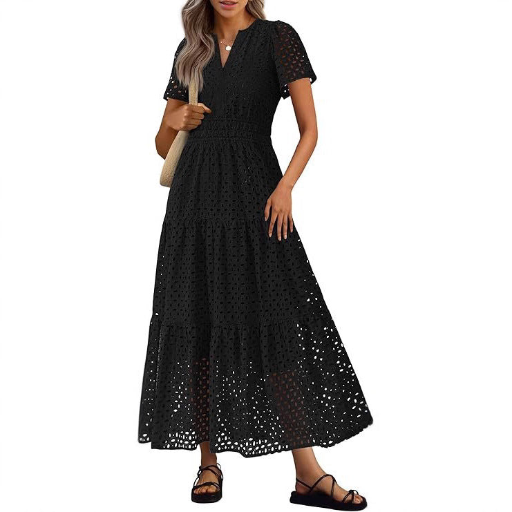 Robe Longue Fluide de Vacances à la Plage pour Femme – Style Col en V à Manches Courtes Eyelet