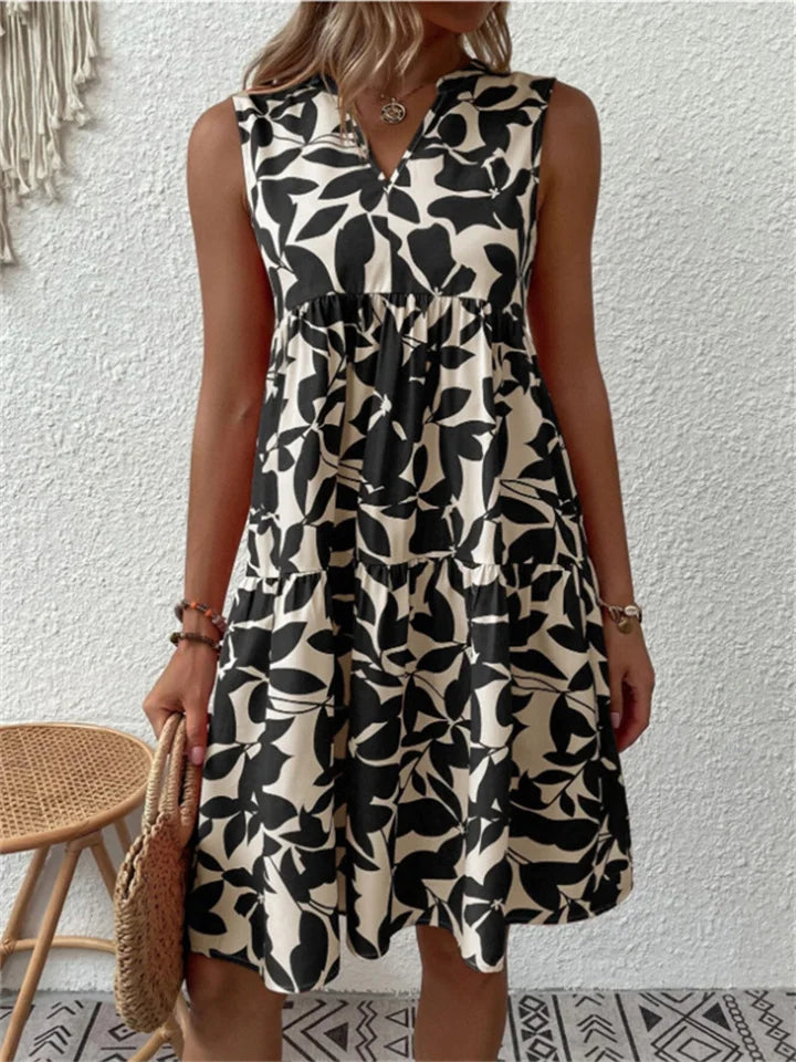 Robe Midi Fleurie Sans Manches pour Femme – Robe d’Été à Volants et Col en V