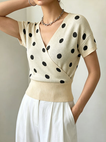 Top maille femme col V a pois - Leger et charmant