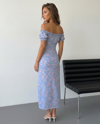 Robe maxi fleurie femme epaules denudees - Romantique et elegante