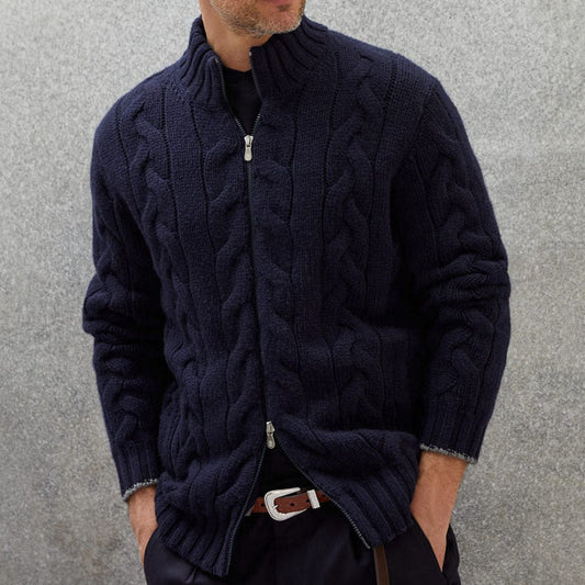 Pull élégant en maille torsadée pour homme – Pull zippé à col montant
