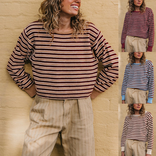 Jersey de punto de mujer a rayas con bloques de color: suave y moderno