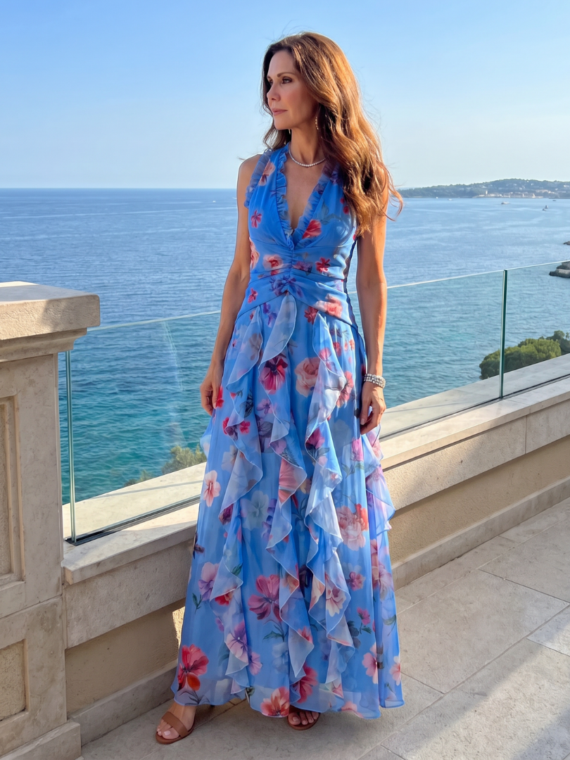 Women's Floral Maxi Dress with Halter Neck and Ruched Bustier - Refined and Summery