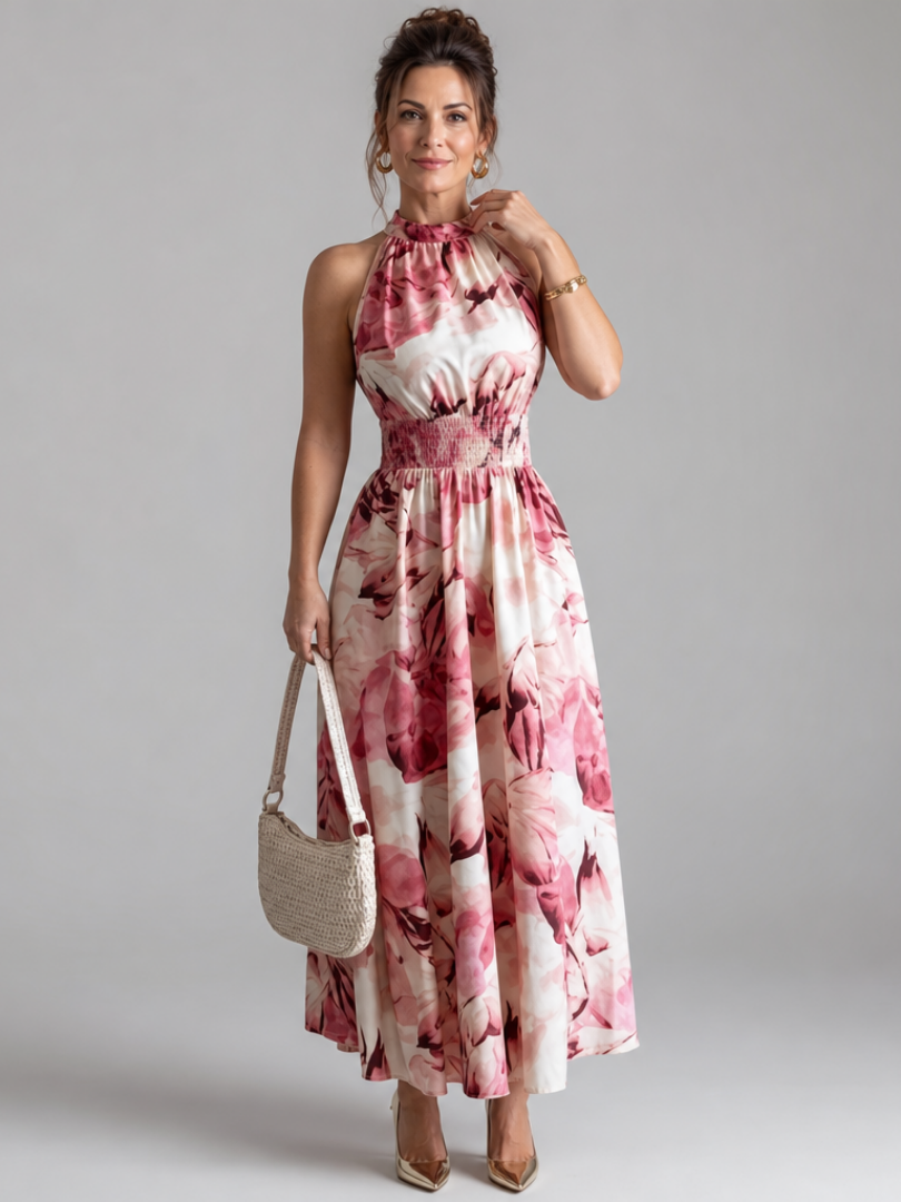 Women's Midi Dress with Abstract Print and Ruched Waist - Flowing and Elegant