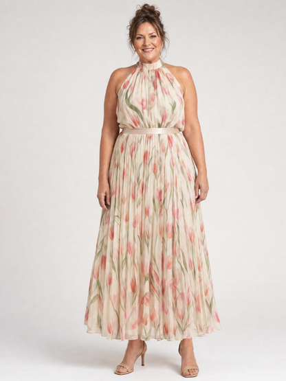 Women's Floral Midi Dress with Halter Neck - Elegant and Summery