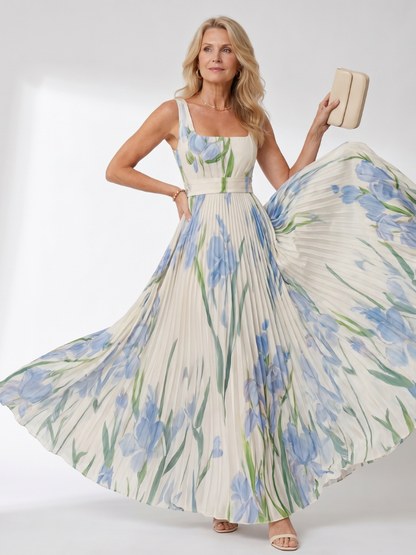 Vestito midi plissettato da donna senza maniche con scollo quadrato - Elegante ed estivo