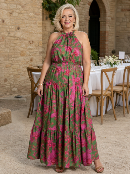 Women's Draped Midi Dress with Halter Neck - Chic and Flattering