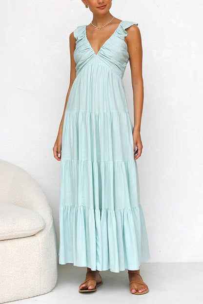 Robe Maxi en Lin Margovil – Col V avec Volants et Jupe à Niveaux Sans Manches