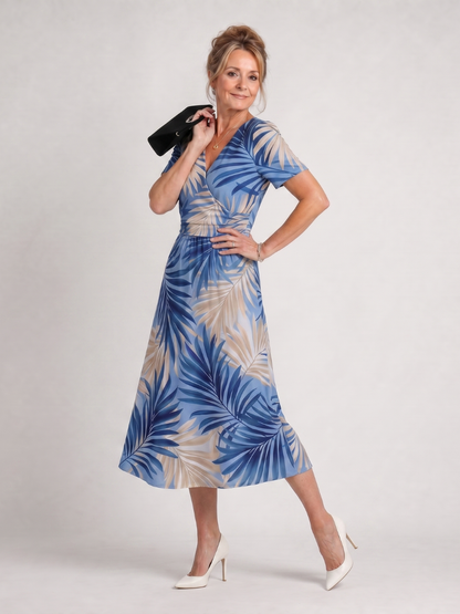 Women's floral midi dress with V-neck and short sleeves - Lightweight and summery