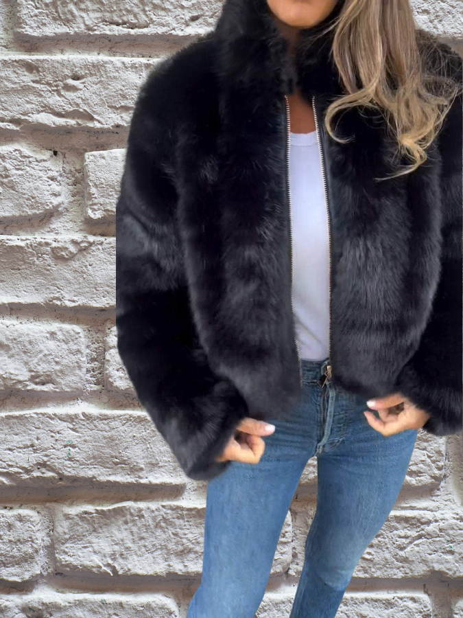 Veste Femme Courte Zippée Manches Longues Avec Fausse Fourrure