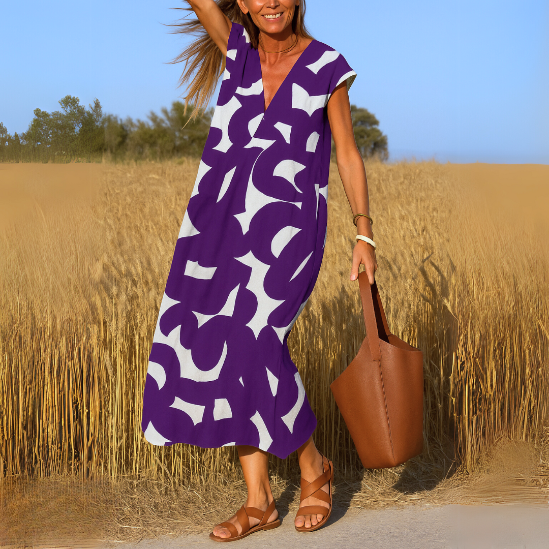Robe midi Shaira imprimé géométrique noir et blanc col V