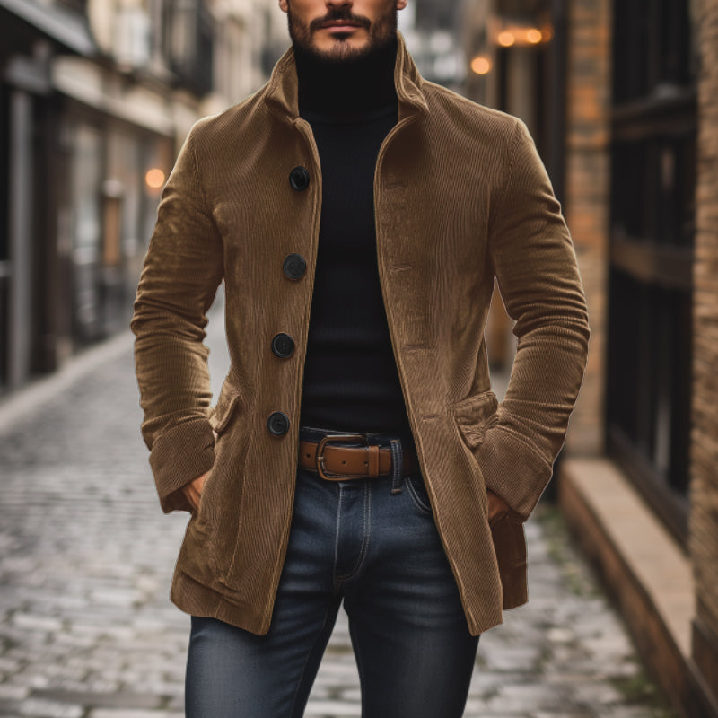 Manteau court ajusté en velours côtelé à col montant pour homme