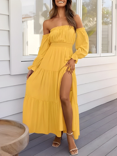 Robe longue bohème à épaules dénudées pour femme – Robe d'été trapèze fendue et à volants