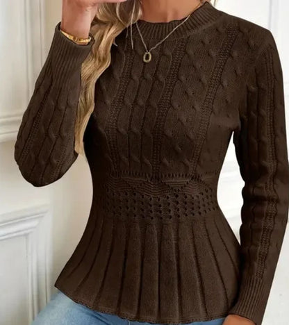 Pull Élégant Côtelé à Basque Femme – Maille Épaisse Col Rond