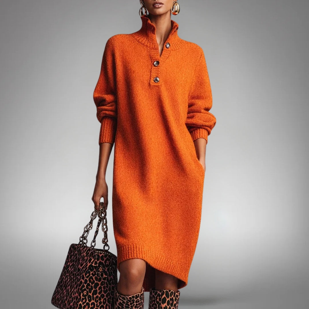 Robe Midi Tricotée Col Montant Détendue Femme – Robe Pull avec Poches