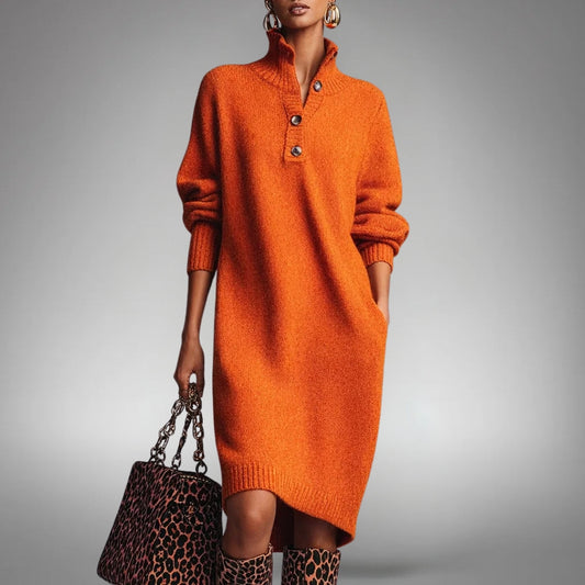 Robe Midi Tricotée Col Montant Détendue Femme – Robe Pull avec Poches