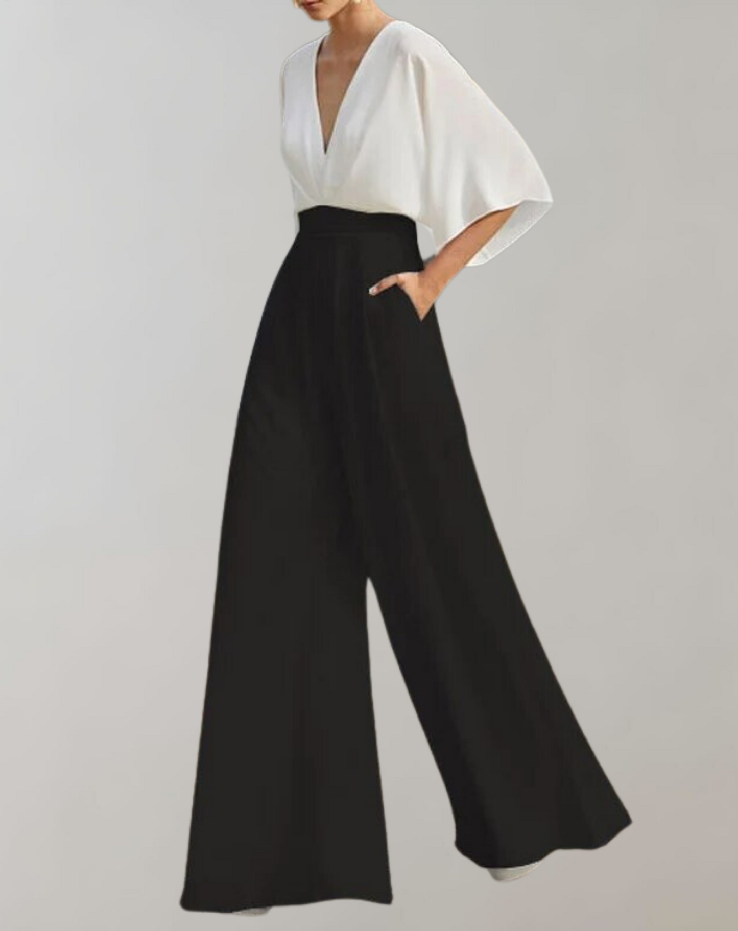 Combinaison Élégante à Col en V et Jambes Larges pour Femme – Tenue Confortable et Stylée
