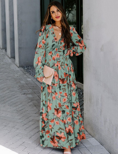 Robe Maxi Bohème en Chiffon à Fleurs Femme – Style Élégant Fluide à Manches Longues