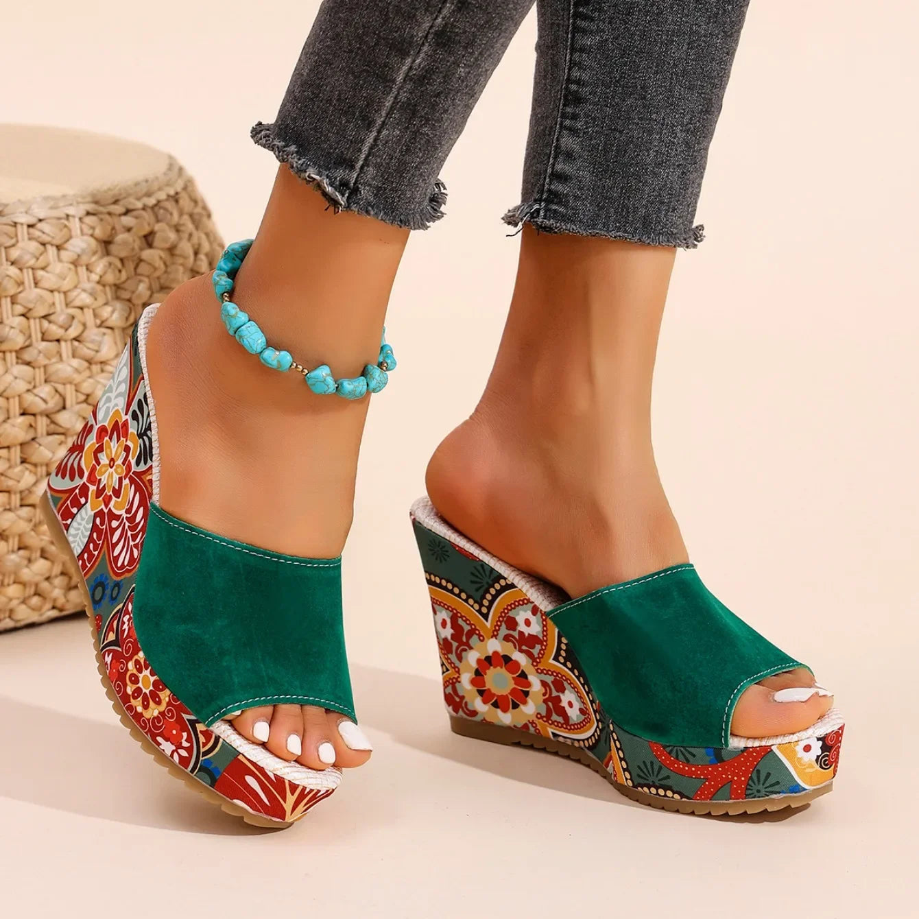 Sandales Femme Bohème à Talon Compensé Velours – Style Élégant Confort Été