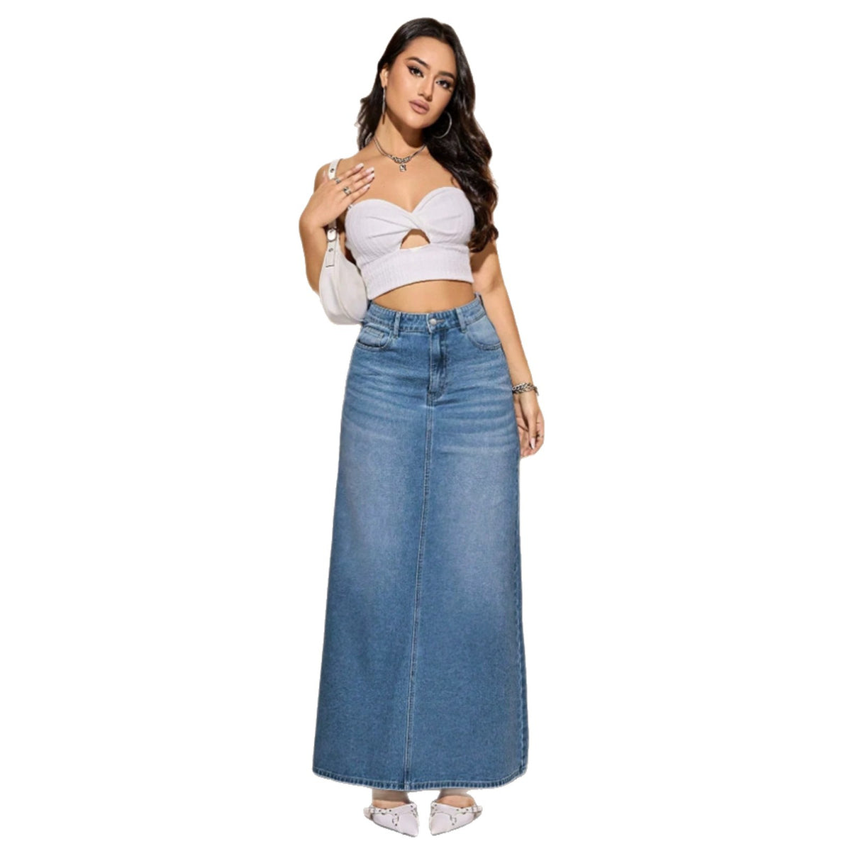 Women's faded denim maxi skirt - Casual and versatile