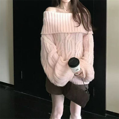 Pull femme en maille effet vison synthétique épaules dénudées – Style doux, douillet et élégant