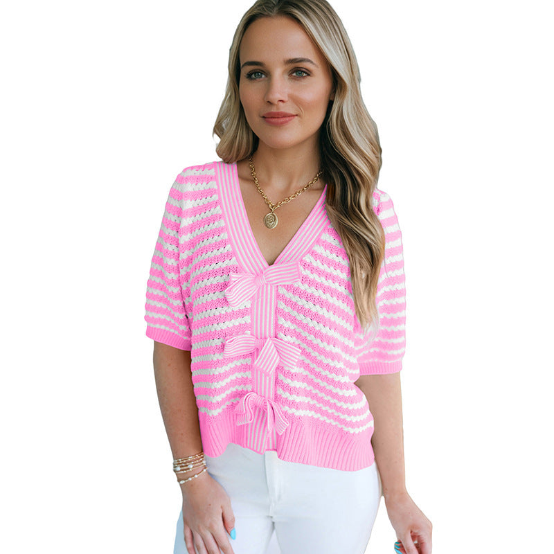 Soft and Original Short-Sleeve V-Neck Pullover with Bows