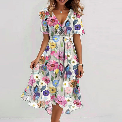 Robe Midi Femme Cache-Cœur à Fleurs – Style A-Line à Manches Courtes