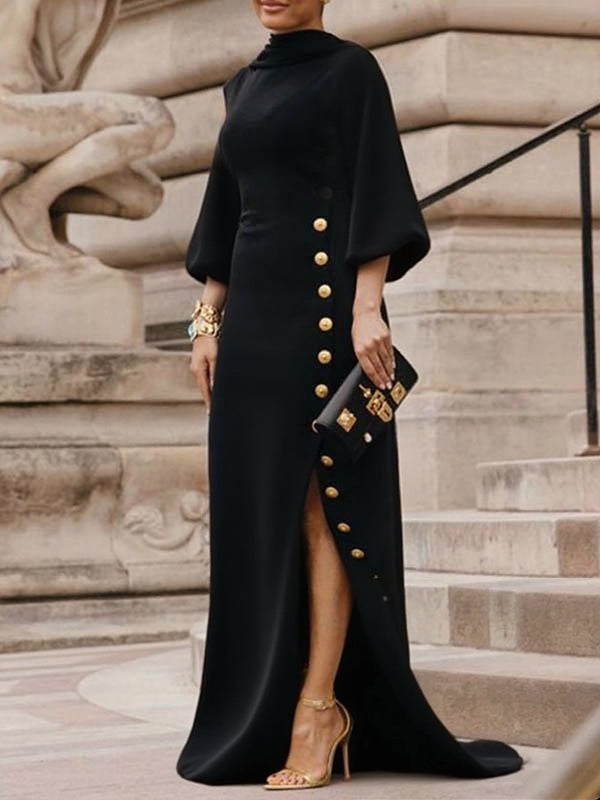 Robe Longue à Manches Bouffantes pour Femme – Élégante Fente Latérale