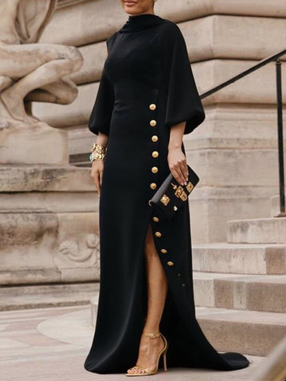 Robe Longue à Manches Bouffantes pour Femme – Élégante Fente Latérale