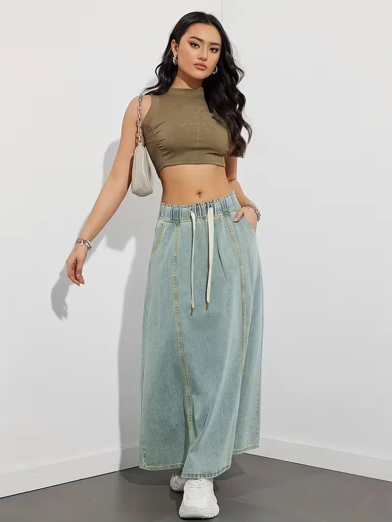 Women's maxi denim skirt with elastic waistband - Comfortable and practical