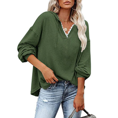Sudadera de mujer con capucha, cuello en V de encaje y mangas largas