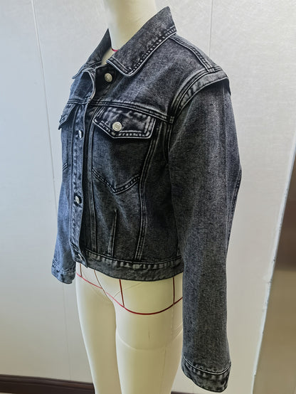 Vintage washed denim jacket for women – Short casual style with long sleeves