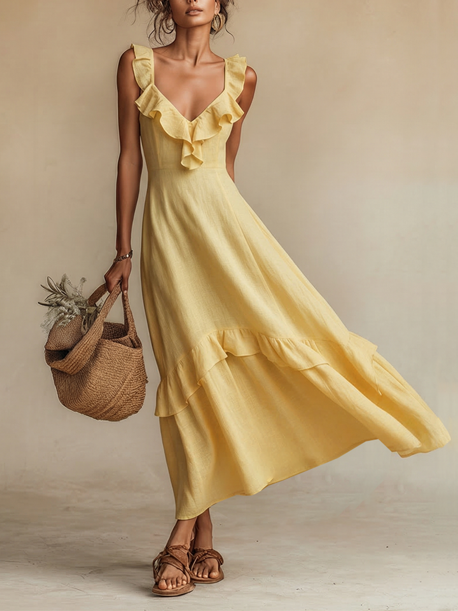 Women's Yellow Linen Maxi Dress with V-Neck and Ruffles - Bohemian and Summery