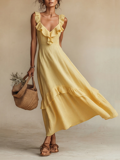 Women's Yellow Linen Maxi Dress with V-Neck and Ruffles - Bohemian and Summery