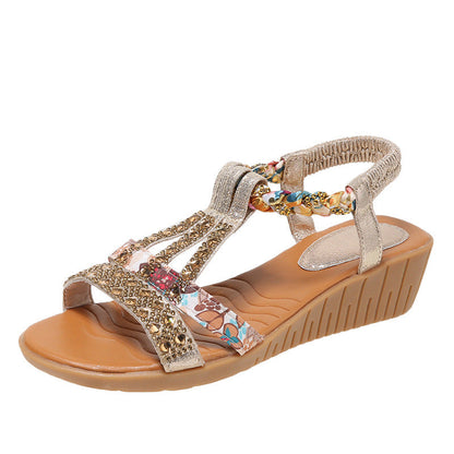 Sandales compensées boho élégantes pour femme avec strass – Ouvertes et confortables pour l’été