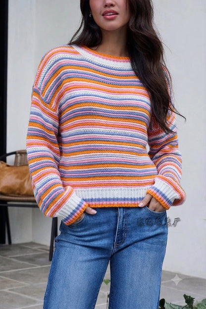 Maglione da donna in maglia a righe con scollo rotondo – Vestibilità ampia, stile casual e confortevole