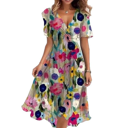 Robe Midi Femme Cache-Cœur à Fleurs – Style A-Line à Manches Courtes