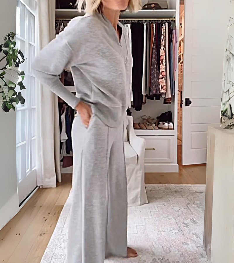 Ensemble Lounge Moderne Deux Pièces Femme – Haut Col V Manches Longues et Pantalon Large