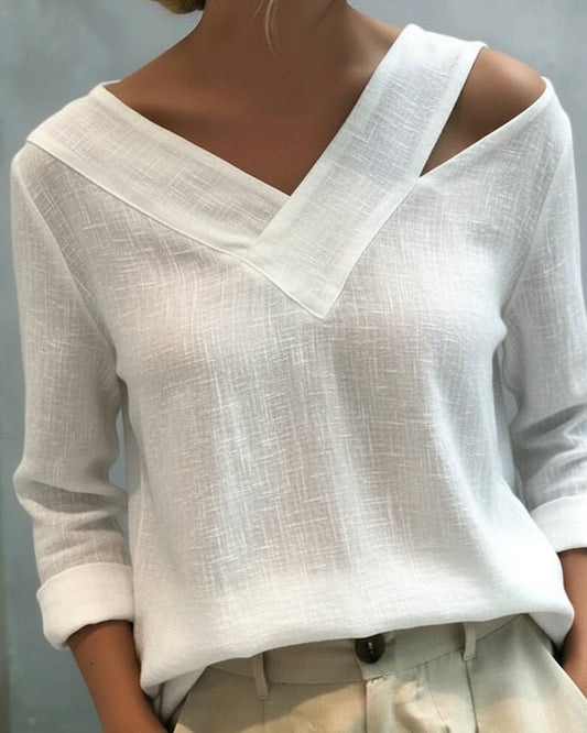Elegant women's top – Asymmetrical V-neck, chic style for work and evenings