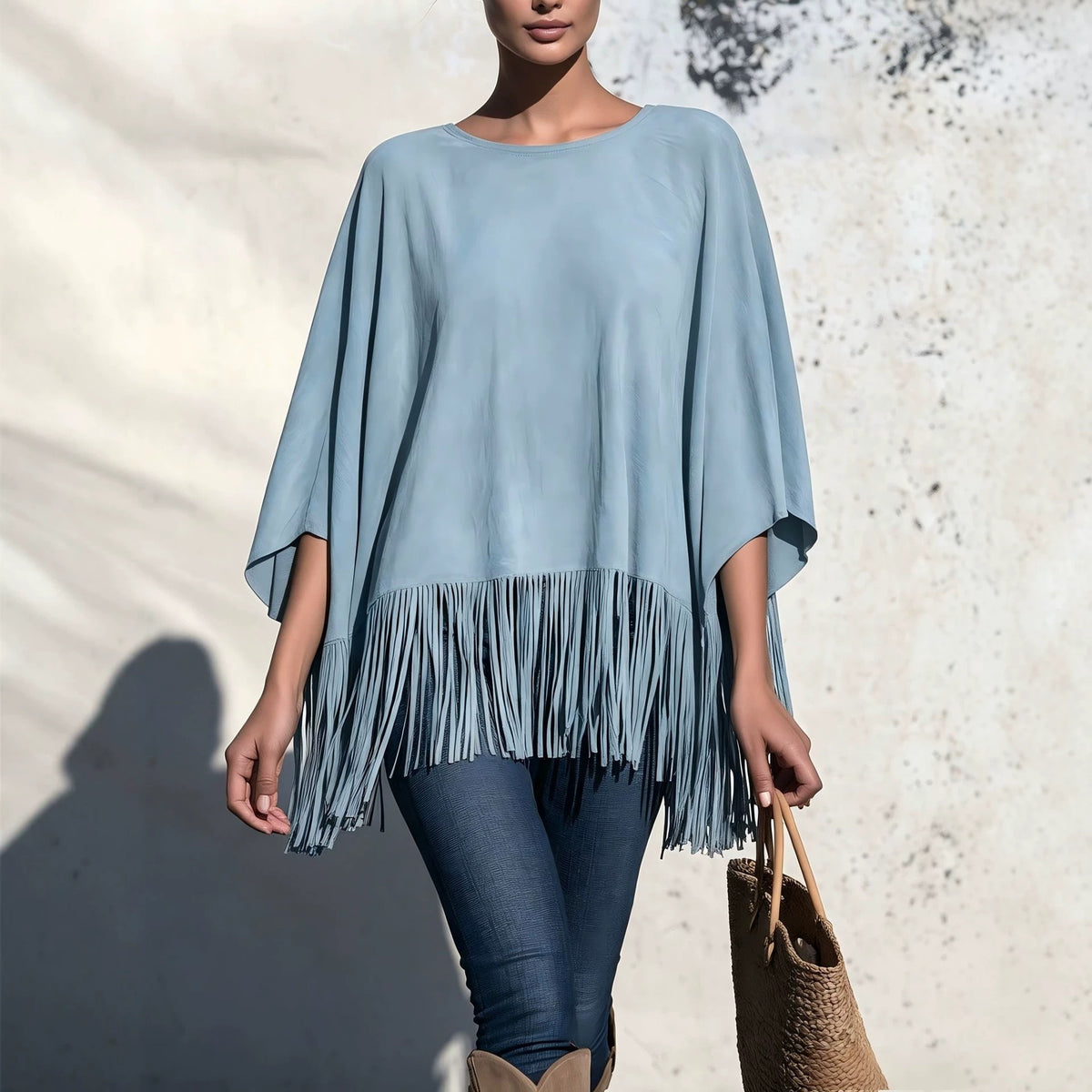 Chemisier femme ample col rond a franges - Fluide et original