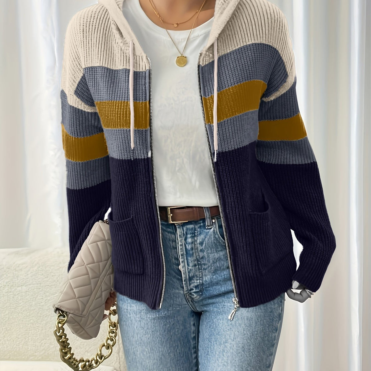 Women's zip-up color-block hooded cardigan - Comfortable and modern