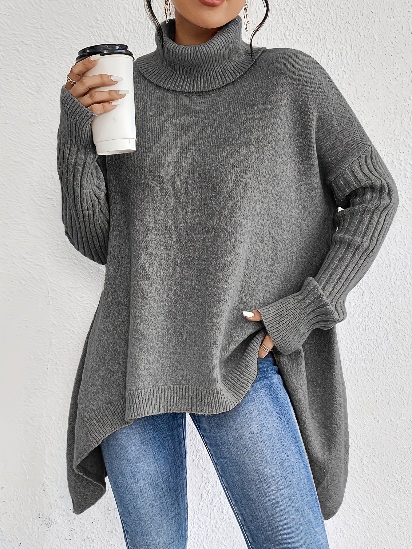 Pull Col Roulé Irrégulier pour Femmes – Pull Tricoté Ample à Manches Longues