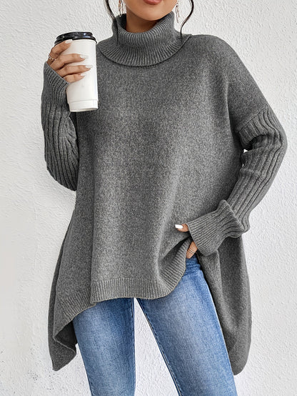 Pull Col Roulé Irrégulier pour Femmes – Pull Tricoté Ample à Manches Longues